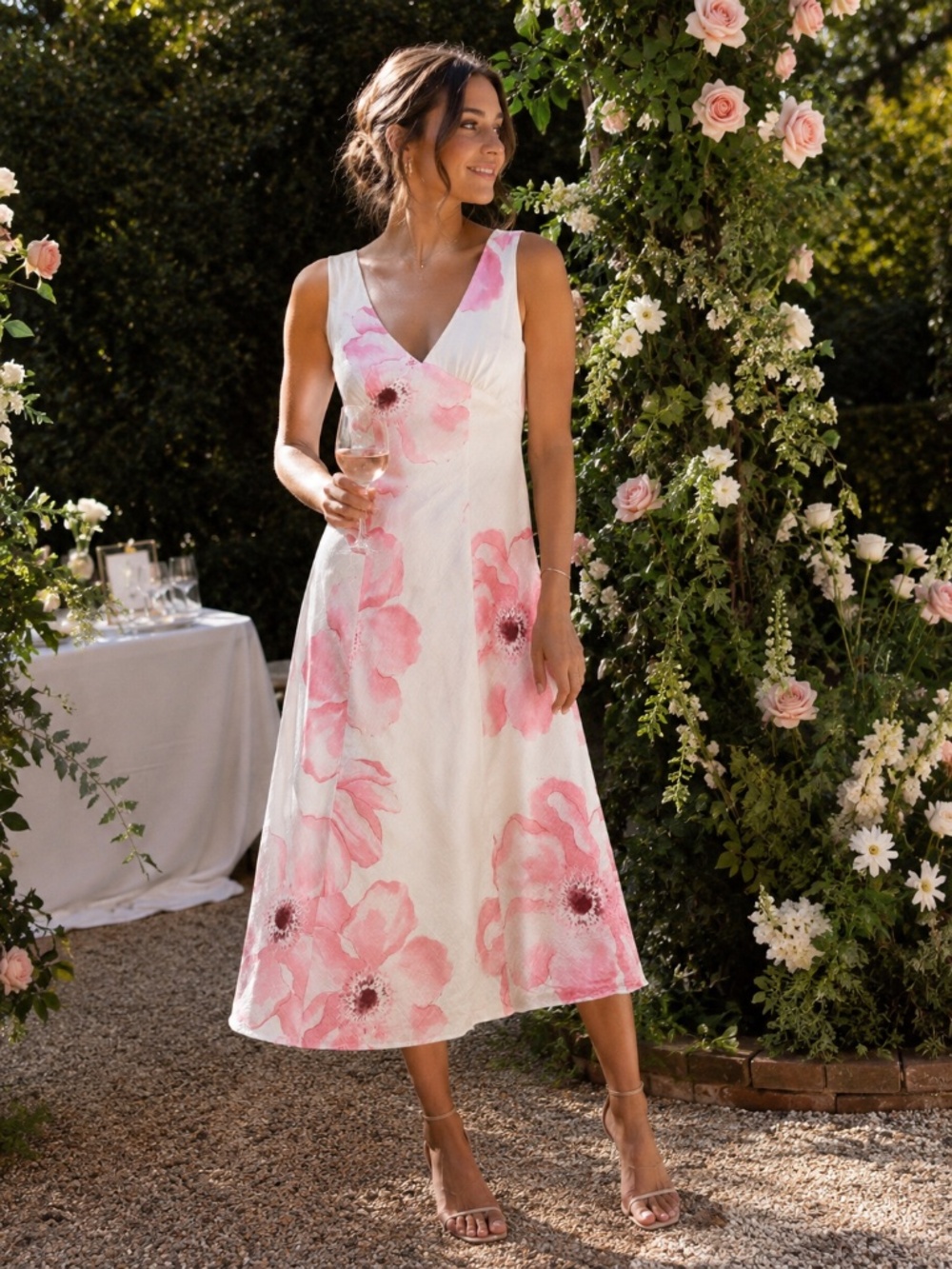 Paper Heart Floral Midi Dress Linen Blend Pink White A-Line V-Neck Sleeveless M